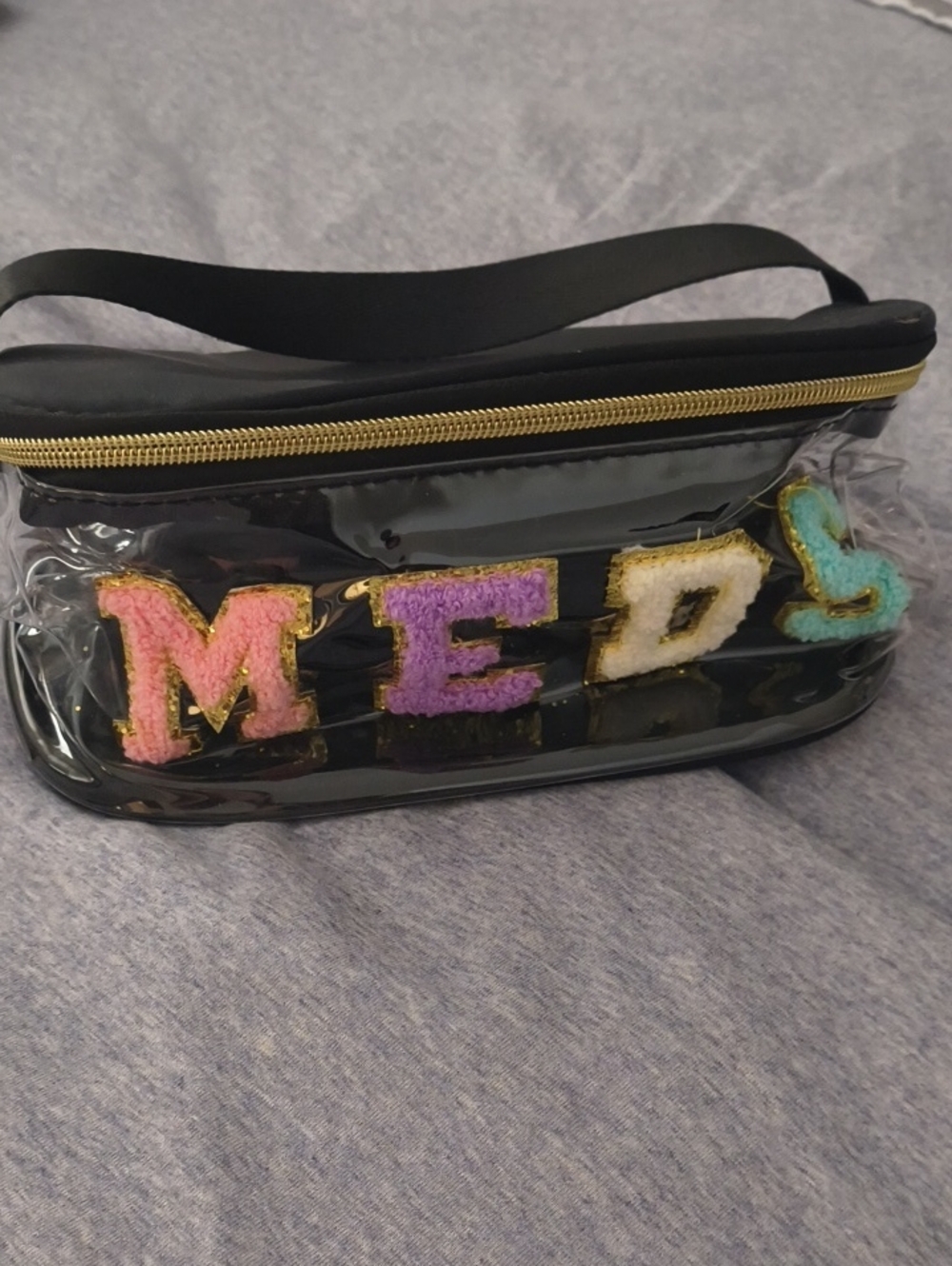 Clear Black Vinyl Meds Bag with Colorful Letter Patches
